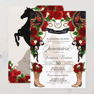 Red Roses Black Charro Western Elegant Quinceanera Invitation