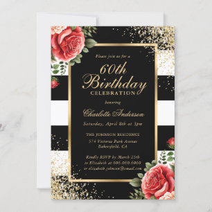 Red Roses Black Gold Confetti 60th Birthday Invitation
