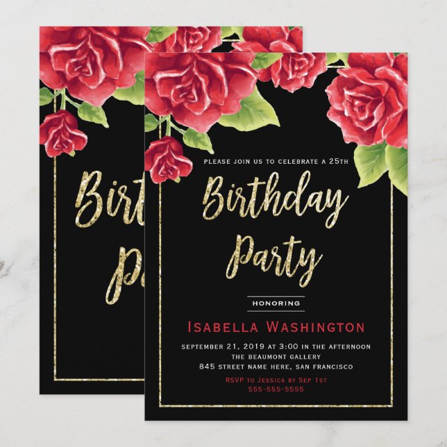 Red Roses Black & Gold Glitter Birthday Party Invitation (Front/Back)