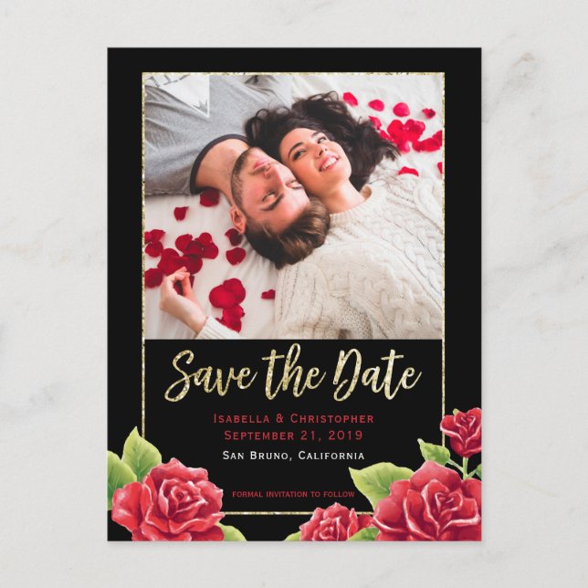 Red Roses Black & Gold Glitter Save the Date Photo Announcement Postcard (Front)