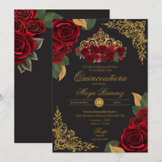Red Roses Black Gold Glitter Tiara Quinceañera  Invitation