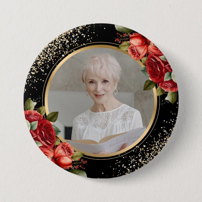 Red Roses Black Gold Photo 3 Inch Round Button (Front)