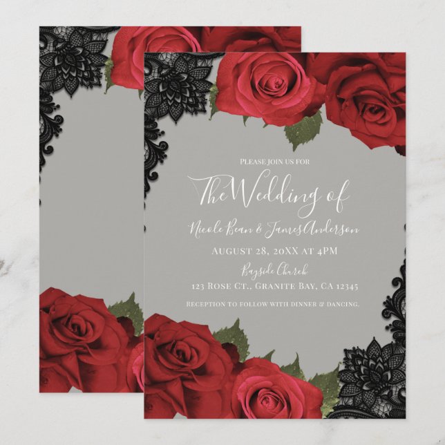 Red Roses & Black Lace Grey Chic Wedding Invitation (Front/Back)