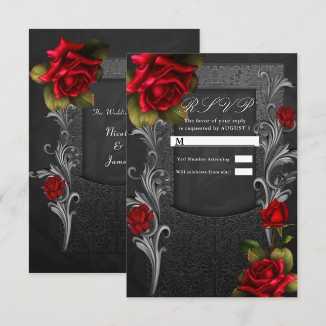 Red Roses Black Ornate Glam Wedding RSVP Reply   Invitation (Front/Back)