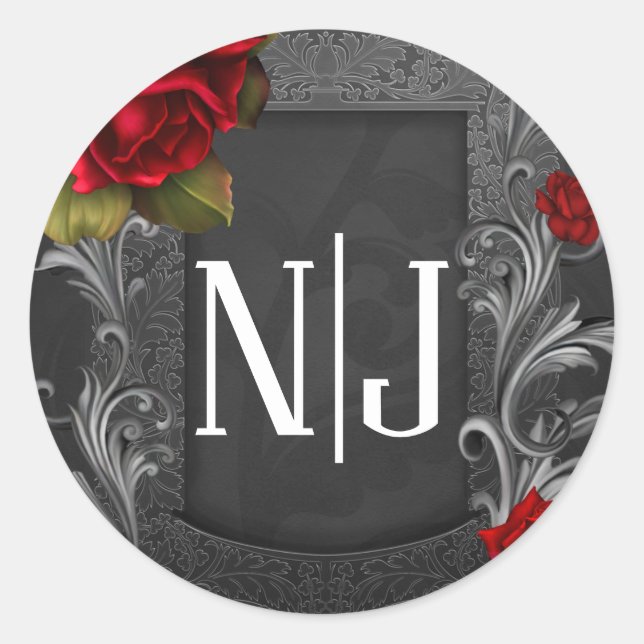 Red Roses Black Ornate Gothic Wedding Favour Classic Round Sticker (Front)