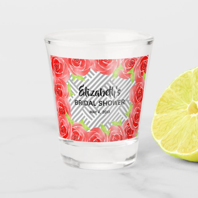Red Roses Black White Stripes Derby Bridal Shower  Shot Glass (Front)