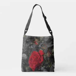 red roses bloom scroll on dark grey crossbody bag