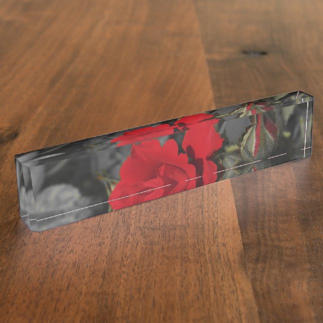 red roses bloom scroll on dark grey nameplate (Side)