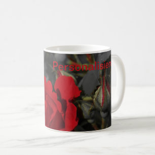 red roses bloom scroll on dark grey,personalize coffee mug