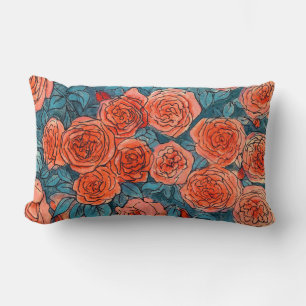Red Roses, Blue Leaves Rose Garden Summer Flowers Lumbar Pillow