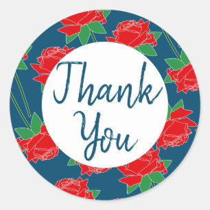 Red Roses & Blue Thank You Script Classic Round Sticker
