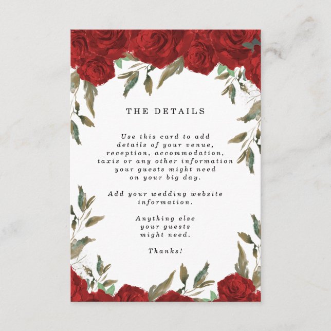 red roses boho floral wedding details information enclosure card (Front)