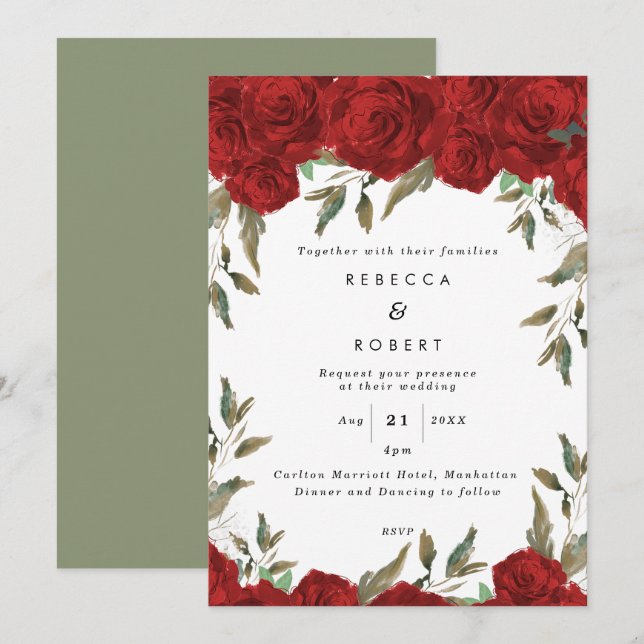 red roses boho modern wedding invitation (Front/Back)
