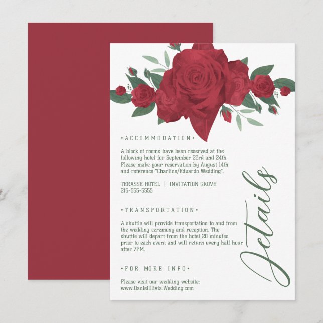 Red Roses Boho Wedding Enclosure Card (Front/Back)