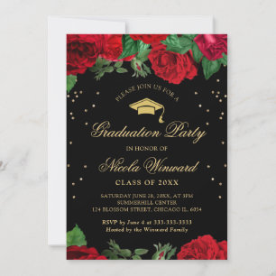 Red Roses Border Floral Graduation Invitation