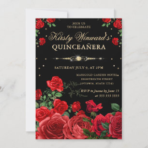 Red Roses Border Floral Quinceanera Invitation