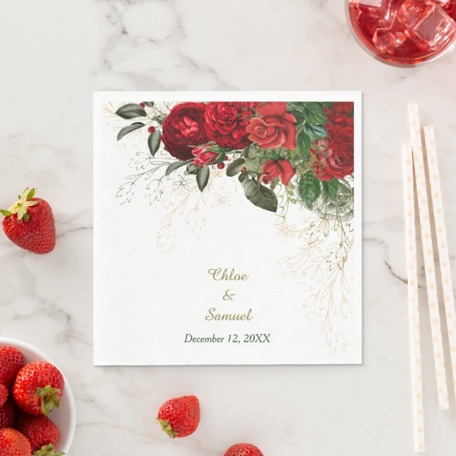 Red Roses Border Floral Wedding Napkin (Insitu)