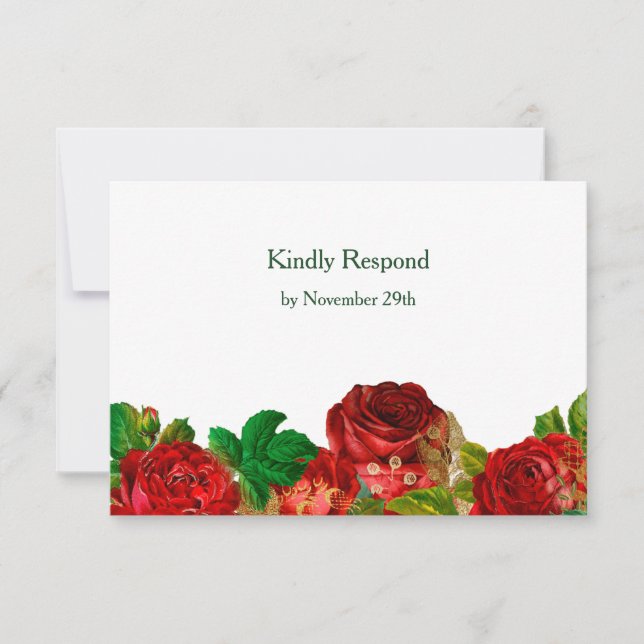 Red Roses Border Floral Wedding RSVP Card (Front)