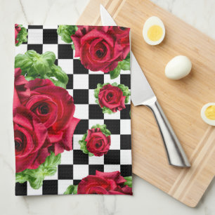 Red Roses Bouquet Floral Love Rockabilly Checkered Kitchen Towel