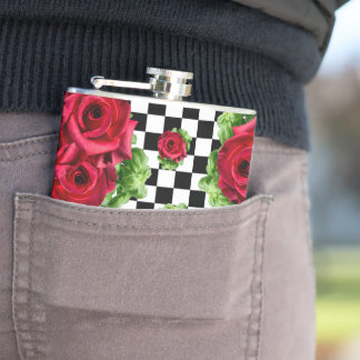 Red Roses Bouquet Floral Love Rockabilly Chequered Hip Flask