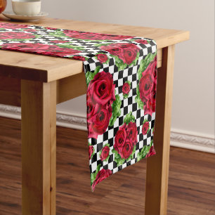 Red Roses Bouquet Floral Love Rockabilly Chequered Medium Table Runner