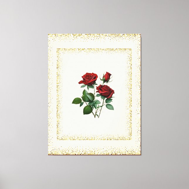 Red Roses Bouquet Framed with Gold Dots Canvas Print (Front)