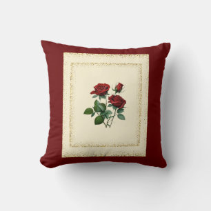 Red Roses Bouquet Framed with Gold Dots Canvas Throw Pillow