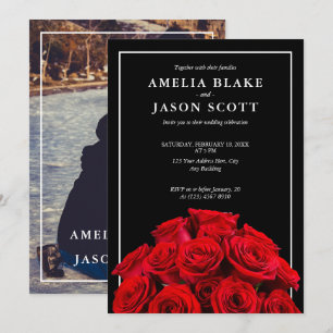 Red Roses Bouquet on Black Wedding Invitation