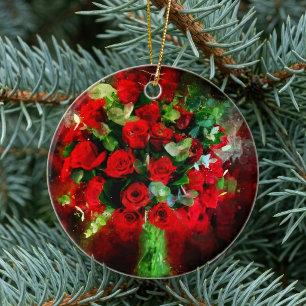 Red Roses Bouquet Watercolor on Black Background Ceramic Ornament