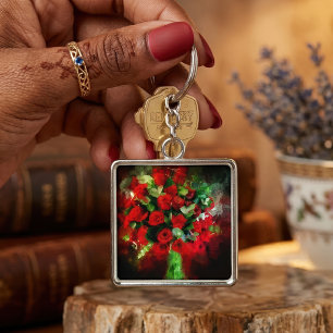 Red Roses Bouquet Watercolor on Black Background Keychain