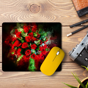 Red Roses Bouquet Watercolor on Black Background Mouse Pad