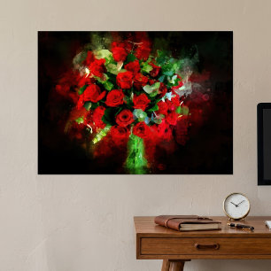 Red Roses Bouquet Watercolor on Black Background Poster