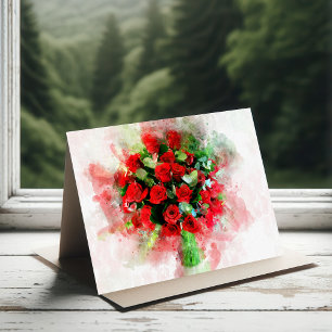 Red Roses Bouquet Watercolor on White Background Thank You Card