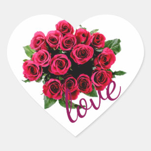 Red Roses Bouquet with Love on White Heart Sticker