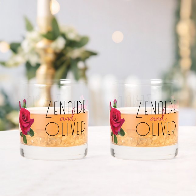 Red Roses Bride and Groom Wedding Glassware Whiskey Glass (Insitu (Wedding))