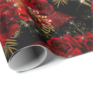 Red Roses Bunch Foil Floral Glitter Gold Black6 V Wrapping Paper