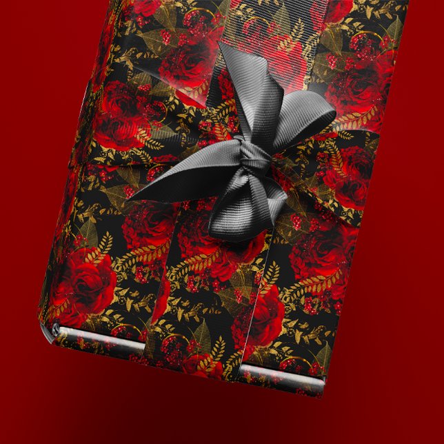 Red Roses Bunch Foil Floral Glitter Gold Black VIP Wrapping Paper (Red Roses Bunch Foil Floral Glitter Gold Black VIP Wrapping Paper)