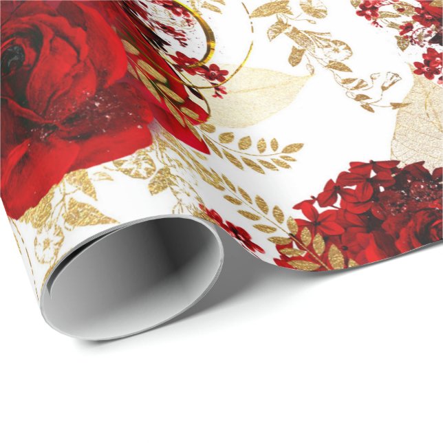 Red Roses Bunch Sparky  Floral Elegant Gold White Wrapping Paper (Roll Corner)