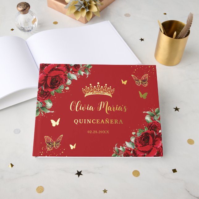 Red Roses Butterfly Quinceanera Sweet 16 Birthday Guest Book (Front Open)
