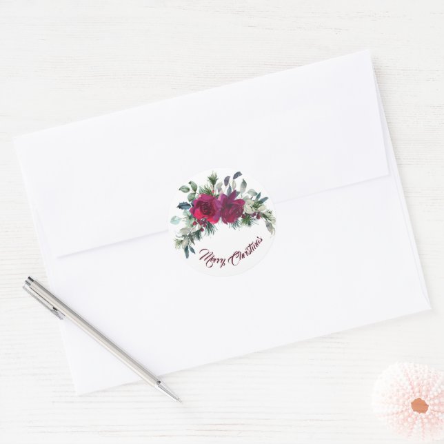 Red Roses Christmas Bouquet Classic Round Sticker (Envelope)