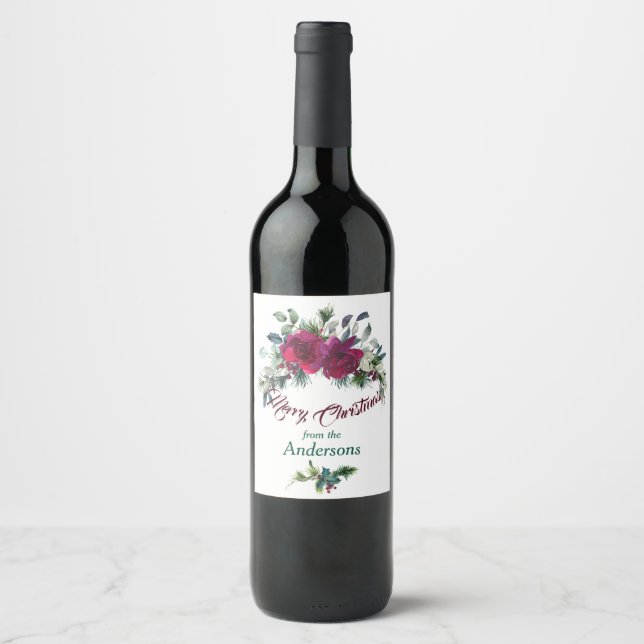 Red Roses Christmas Bouquet Personalized Wine Label (Front)