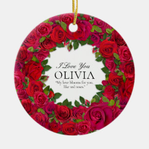 Red Roses Circular Wreath Custom Text Ceramic Ornament