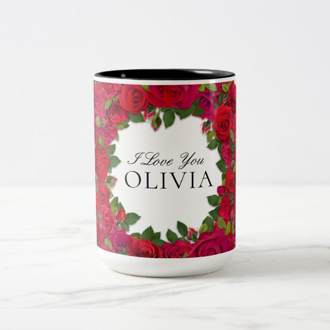 Red Roses Circular Wreath Custom Text Two-Tone Coffee Mug (Center)