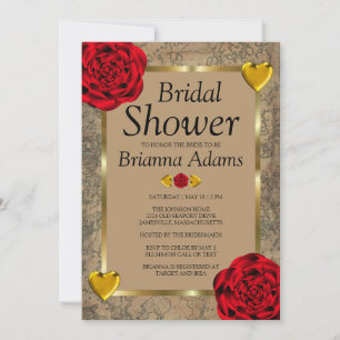 Red Roses & Coeurs d'or Invitations de douche nupt