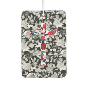Red Roses Cross & Black and White Floral Pattern Air Freshener