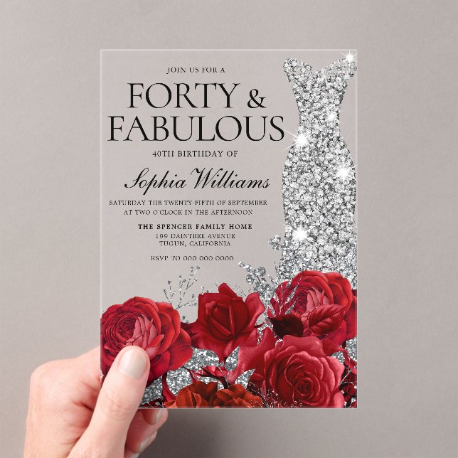 Red Roses Diamond Gown 40th Birthday Party Acrylic Invitations (Insitu (Handheld))