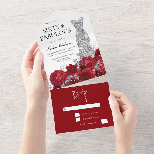 Red Roses Diamond Gown Dress 60th Birthday Party All In One Invitation (Tearaway)