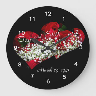 Red Roses & Double Hearts Clock- customize Large Clock