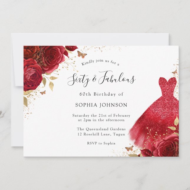 Red Roses Dress 60th Birthday Sixty & Fabulous Invitation (Front)