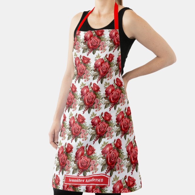 Red Roses Elegant Floral  Apron (Insitu)